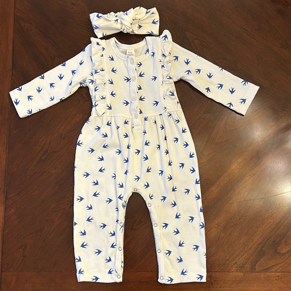 Kate Quinn White and Blue Birds Ruffled Romper with Knot Bow Headband 18-24 mo